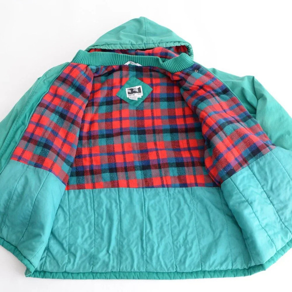 Vintage 90S British Green & Red Checker Liner Zip Up Hooded  Winter Jacket XL - Picture 6 of 16
